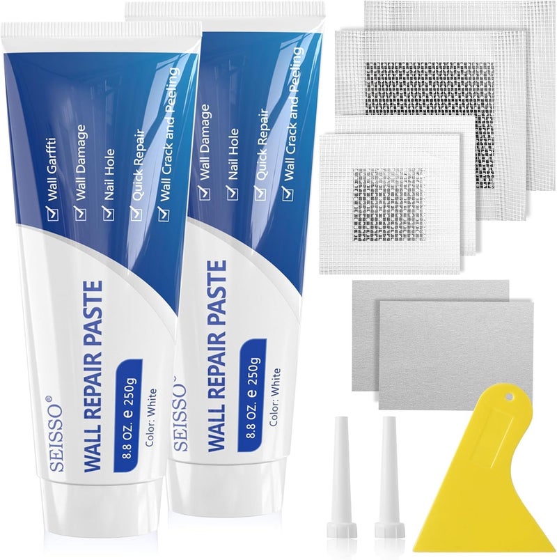 SEISSO Wall Repair Paste Kit, 2x250g Wall Mending Agent with Wall Repair Patch*4 and Scraper, Spackle Drywall Repair Kit for Hole Filler, Effective Repair of Scratches, Holes, Cracks and Wall Graffiti - Image 1
